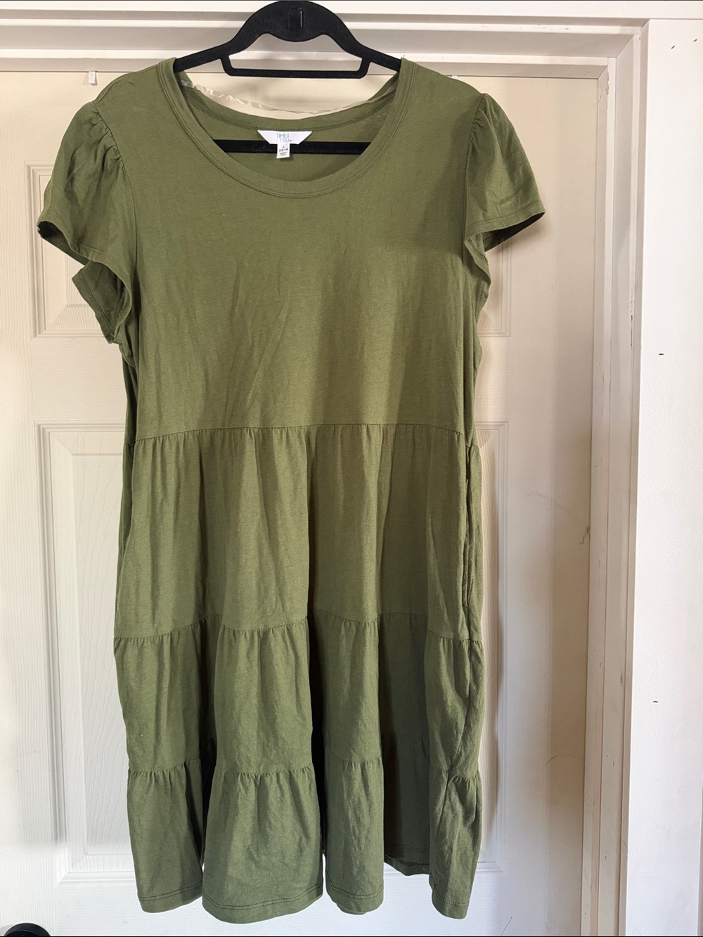 Time and Tru Womens Olive Green Tiered Ruffle Cotton Dress size L 12/14